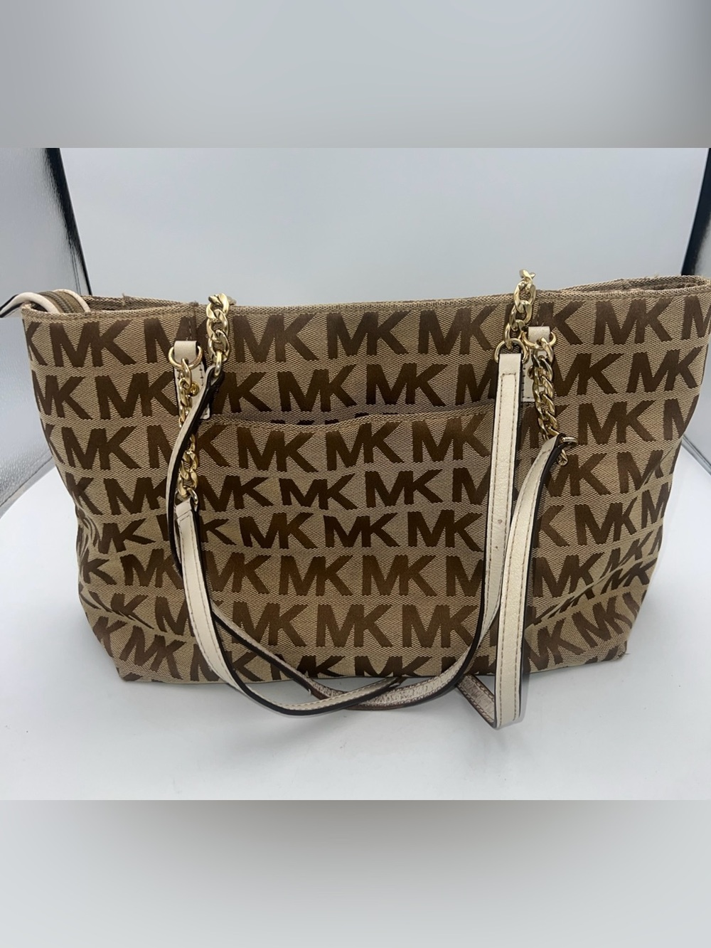 MICHAEL KORS Signature Canvas Logo Purse Chain & Leather Straps Front Pocket